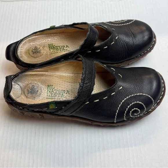 El Naturalista Black Leather Mary Jane Flats EU 38 White Stitch Comfort Shoes - Picture 3 of 10